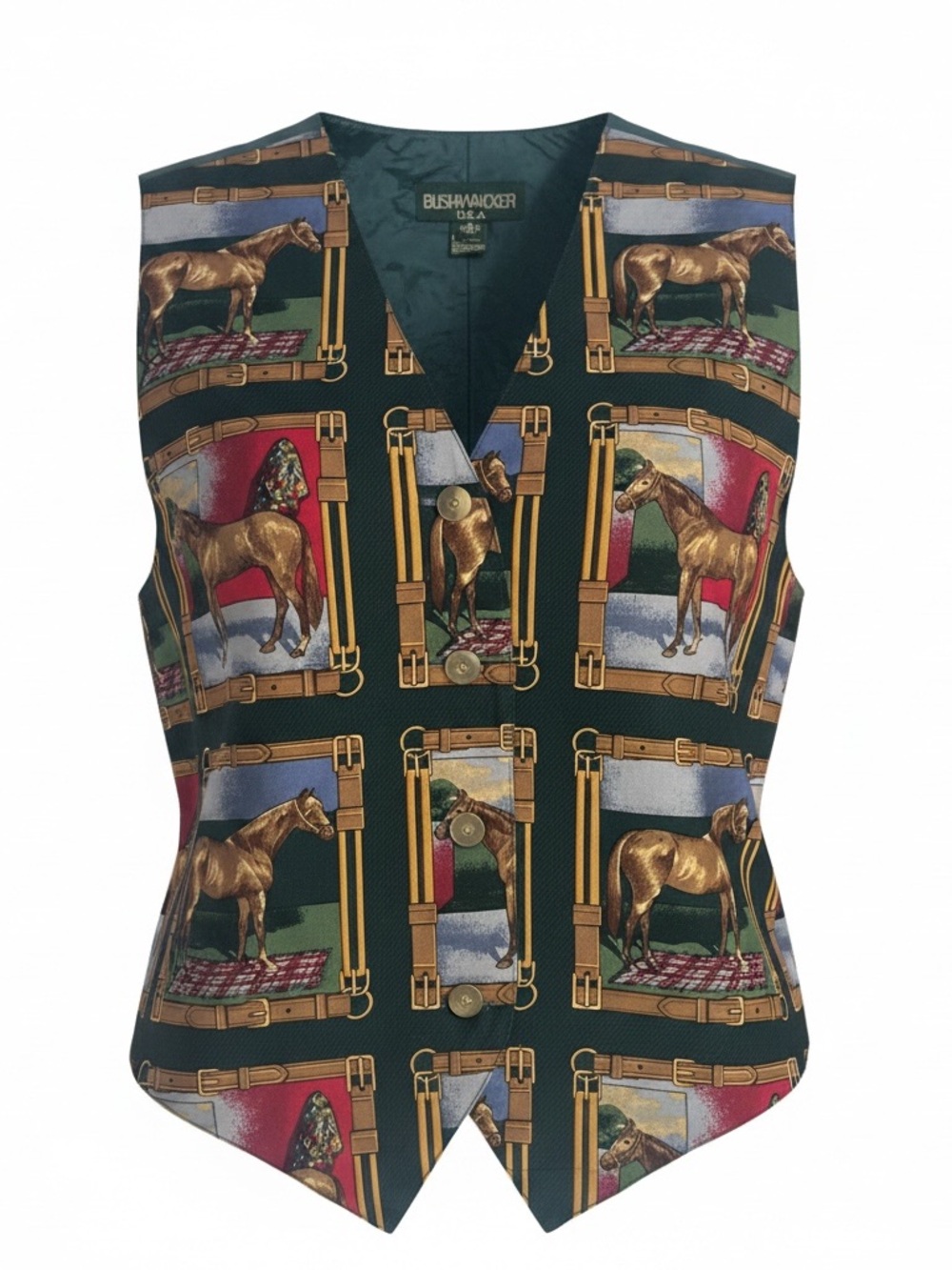 Bushwhacker Vintage Green Horse-Print V-neck Vest